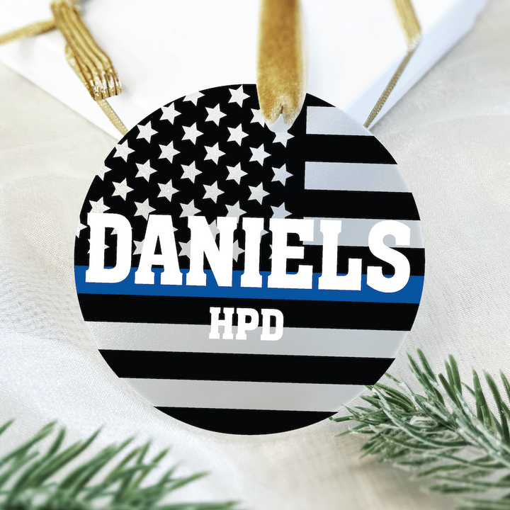 Personalized Police Acrylic Ornament – Thin Blue Line Flag