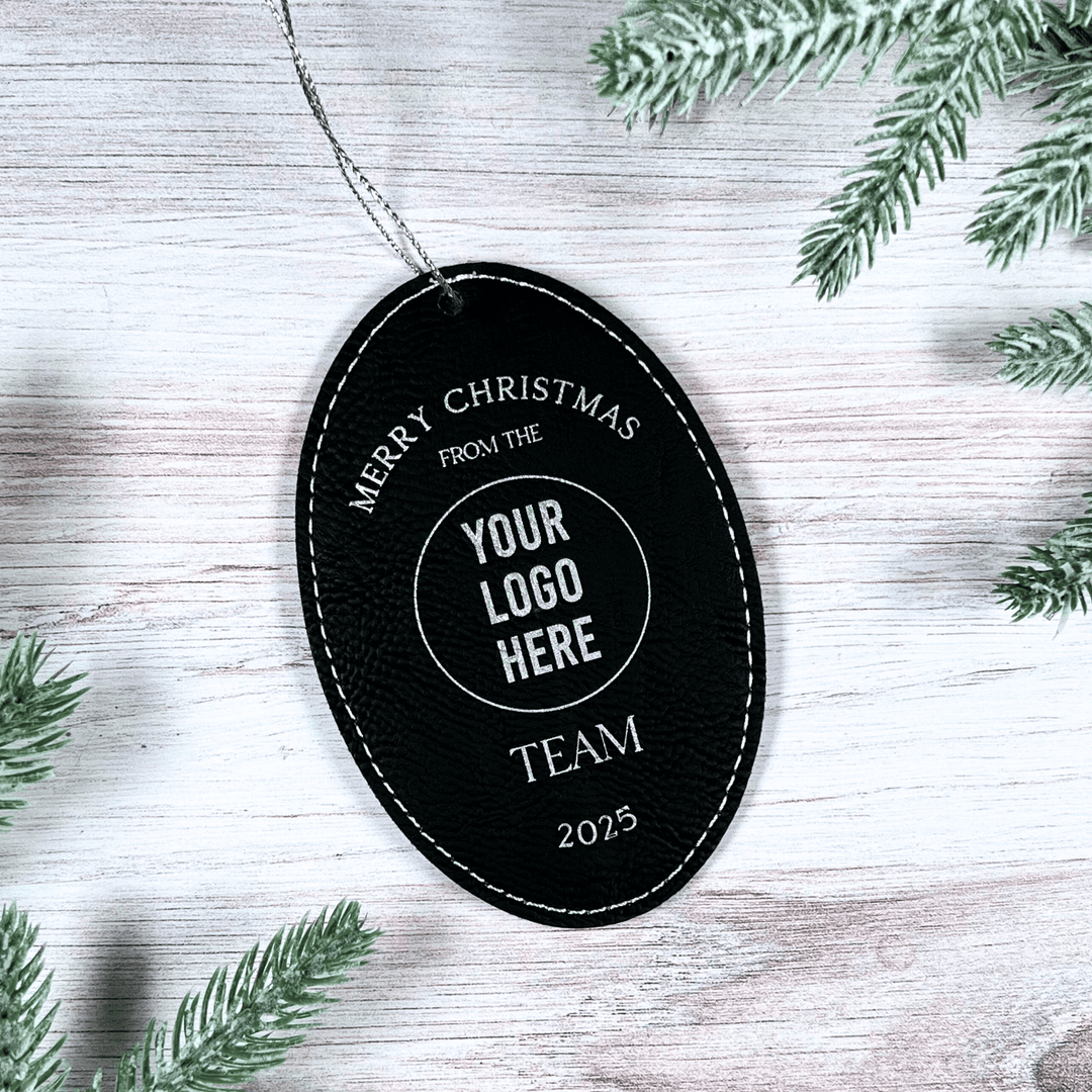 Custom Corporate Leather Ornament – Oval Laser Engraved Logo Gift