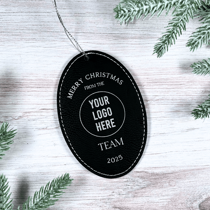 Custom Corporate Leather Ornament – Oval Laser Engraved Logo Gift
