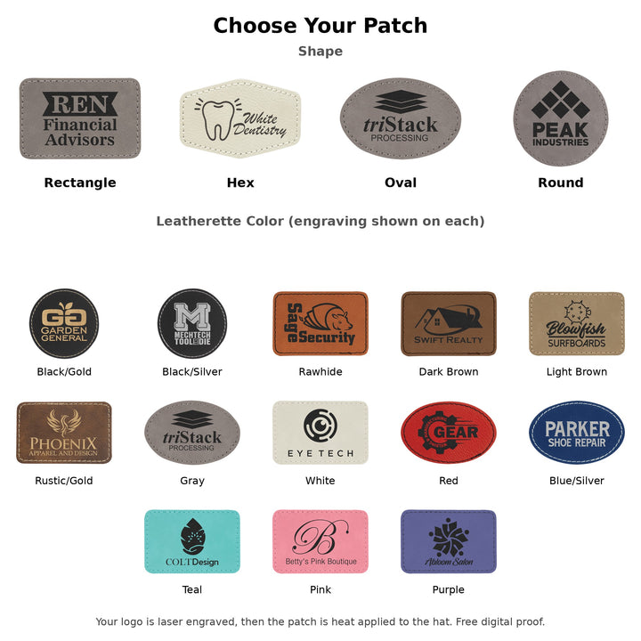 Leatherette patch guide: rectangle, hex, oval and round shapes in 13 colors