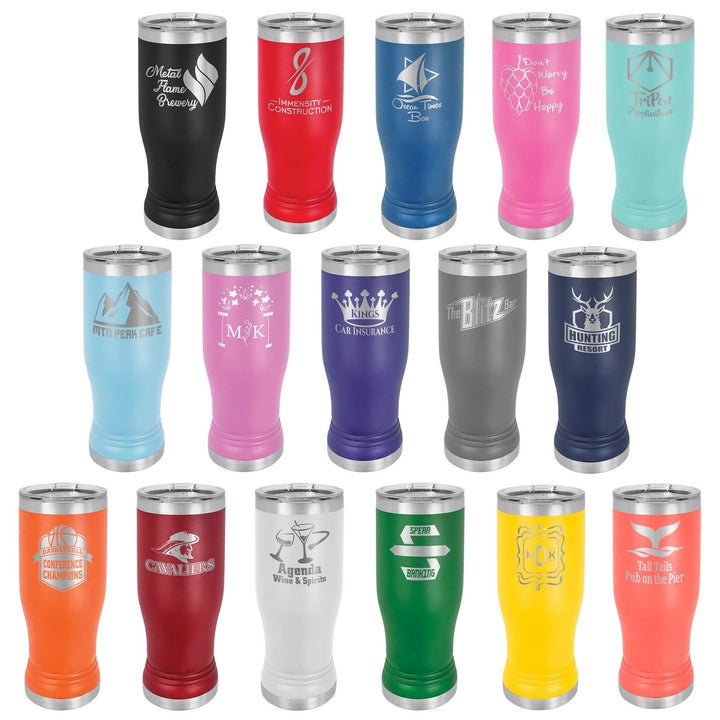 Insulated pilsner tumblers in 16 colors engraved with sample logos