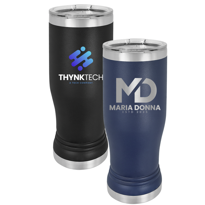 Black and navy insulated tumblers with stainless steel trim, one engraved with ThynkTech logo and the other with MD Maria Donna branding.