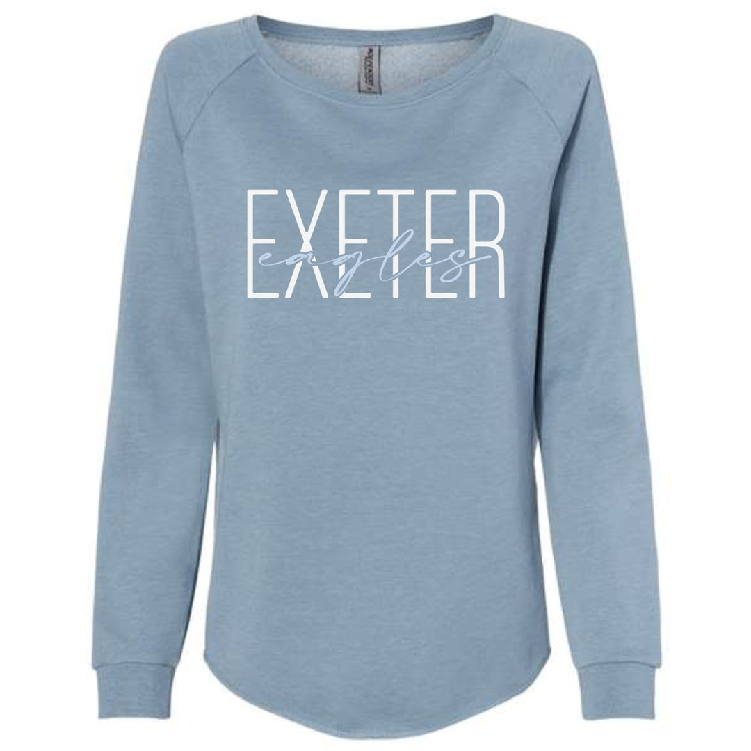 Exeter Eagles wave wash crew in Misty Blue with the EXETER eagles script overlay design in white