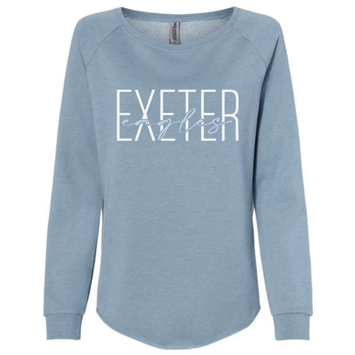 Exeter Eagles wave wash crew in Misty Blue with the EXETER eagles script overlay design in white