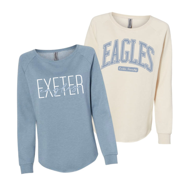 Exeter Eagles wave wash crews, Misty Blue with the Exeter Eagles script overlay design and Bone with the arched EAGLES Exeter Township varsity design