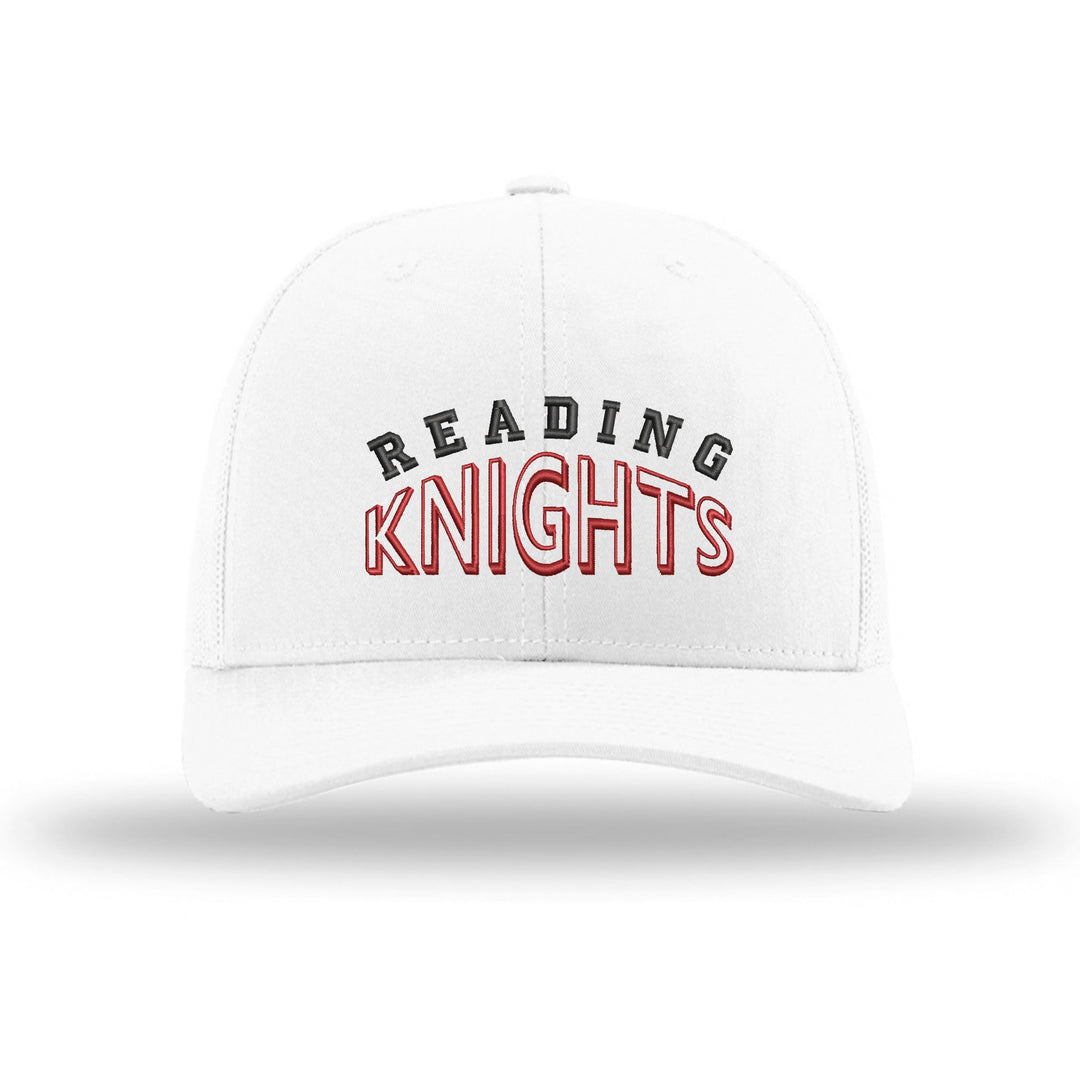 Reading Red Knights Classic Arch embroidered trucker hat, black and red stitching on a white hat