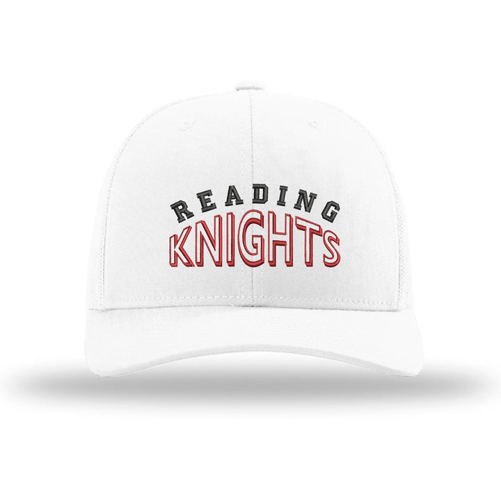 Reading Red Knights Classic Arch embroidered trucker hat, black and red stitching on a white hat