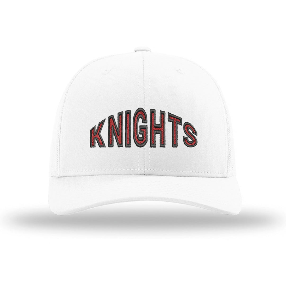 Reading Red Knights Mascot Arch embroidered trucker hat, black and red stitching on a white hat