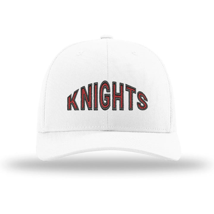 Reading Red Knights Mascot Arch embroidered trucker hat, black and red stitching on a white hat