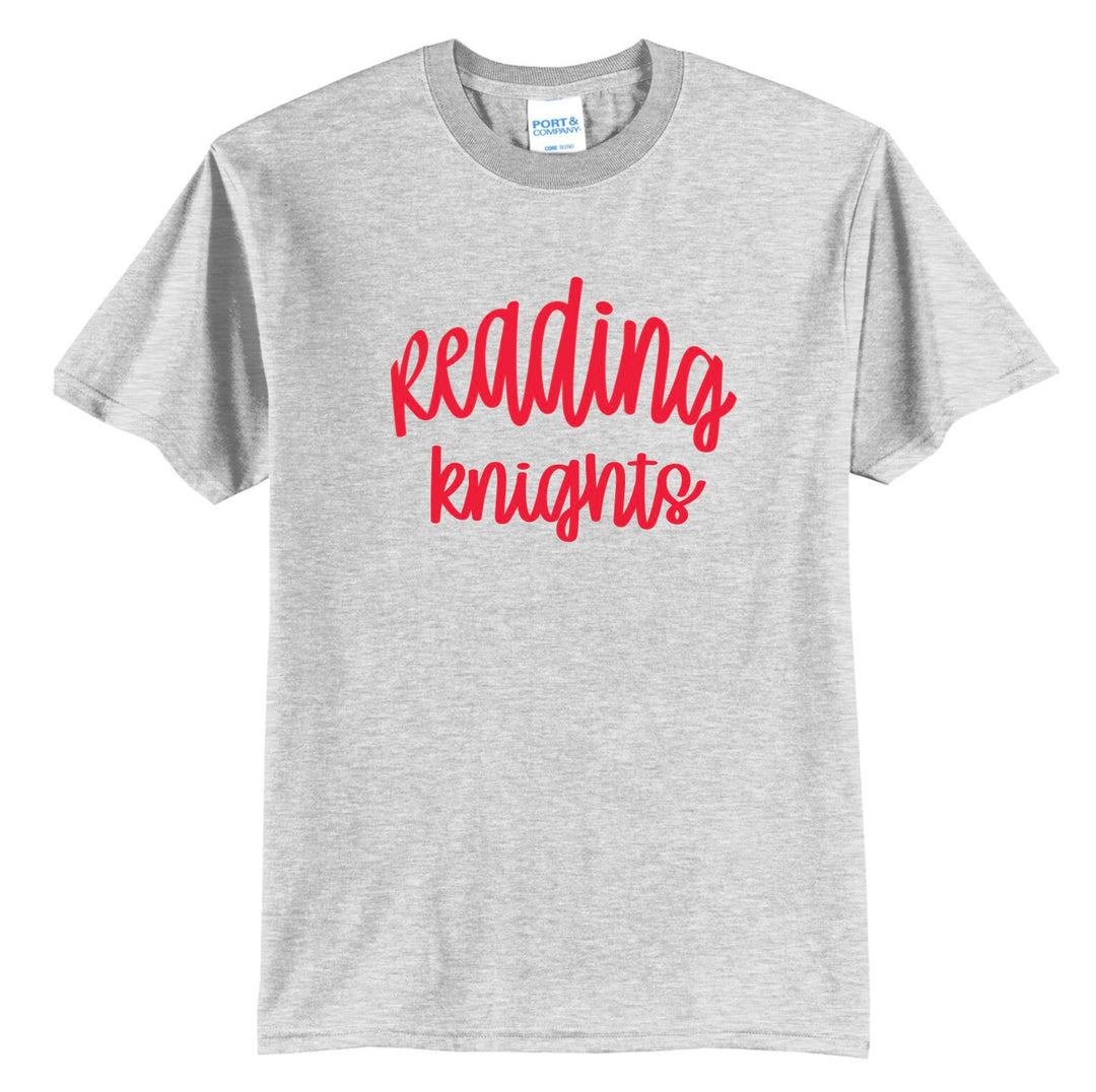 Reading Red Knights hand-lettered script spirit tee in ash grey with red script print