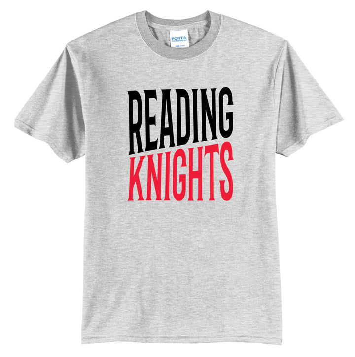 Example: ash grey tee with black and red two-tone block lettering