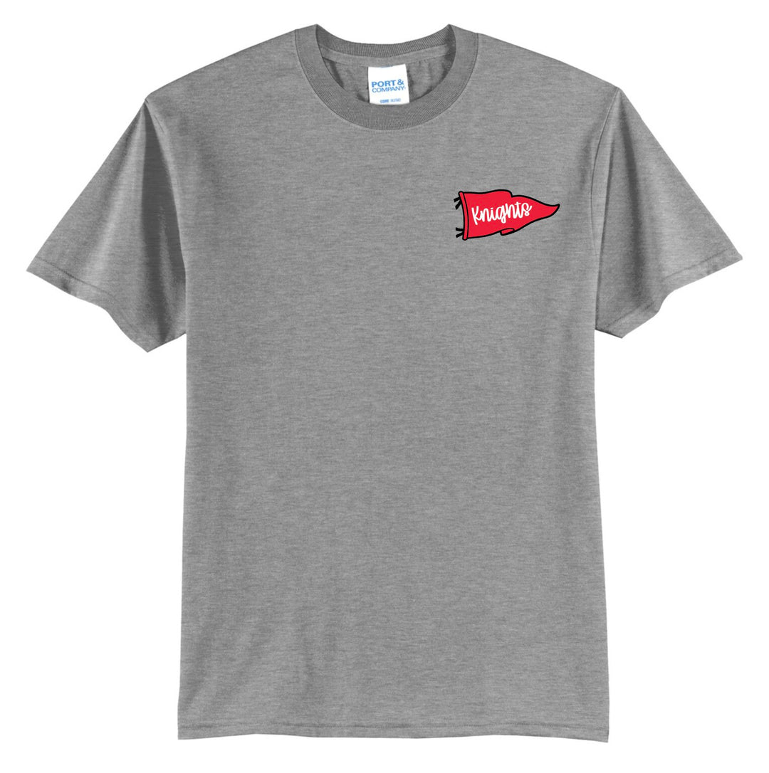 Example: athletic heather tee with a red left-chest pennant
