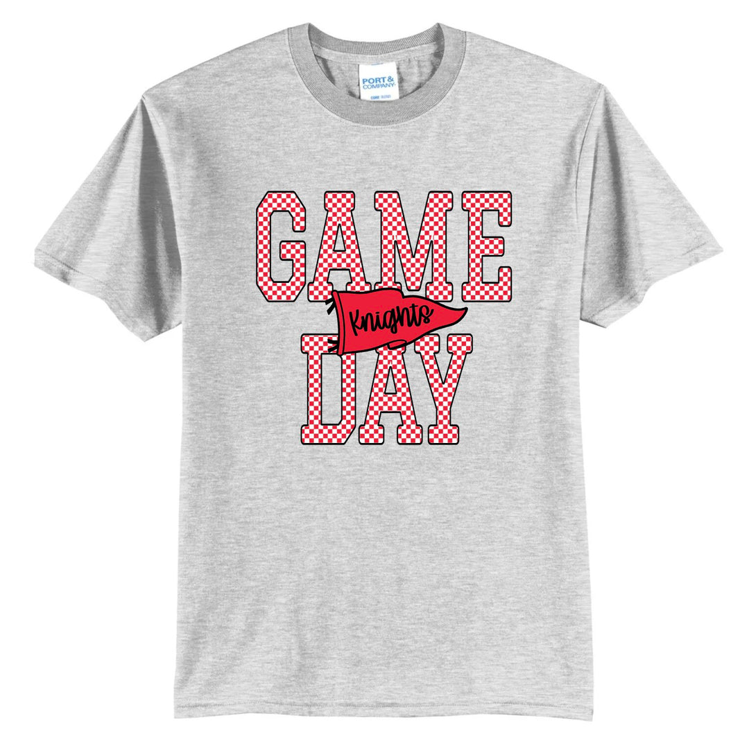 Example: ash grey tee with red checkered GAME DAY and a red pennant