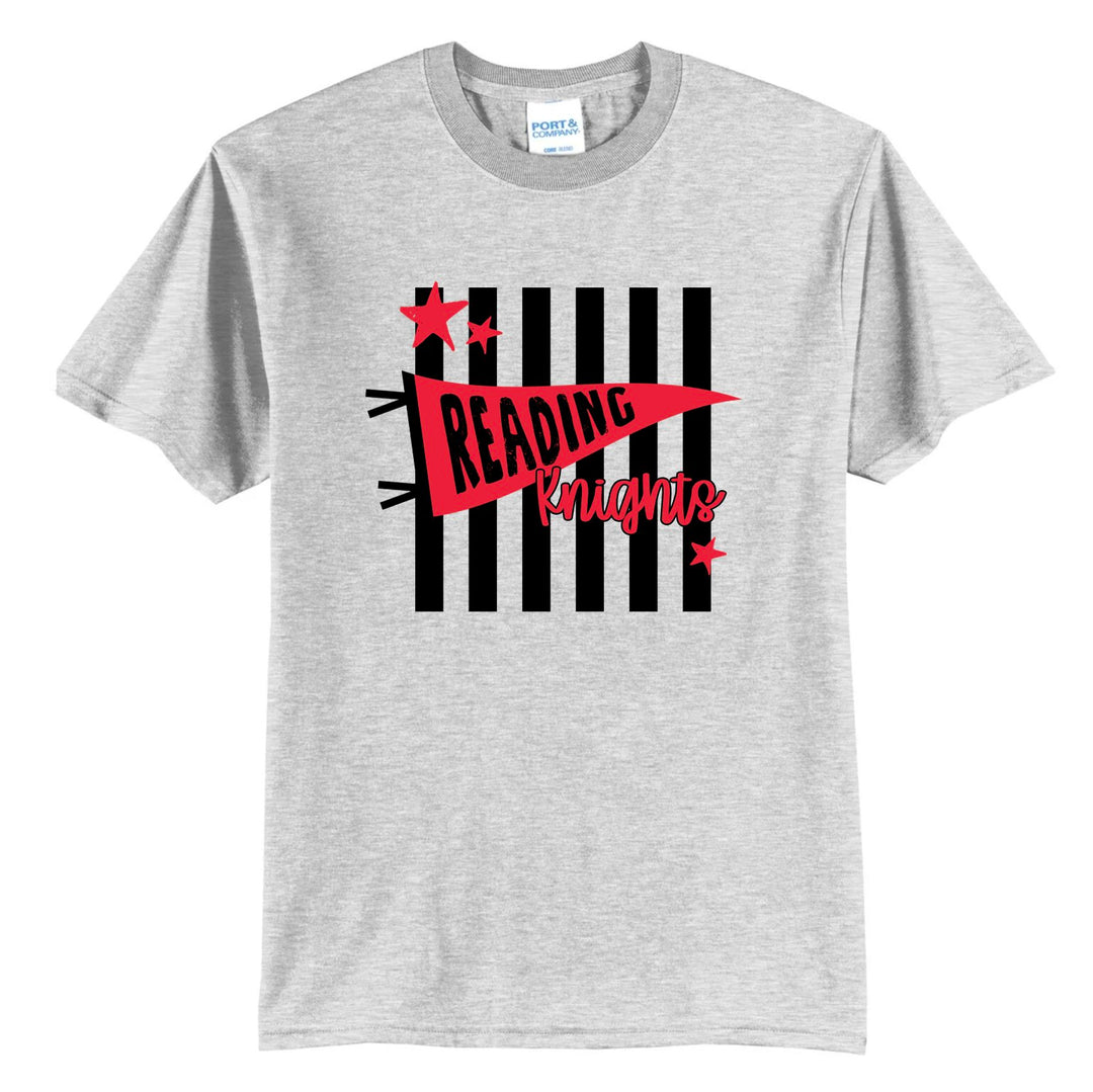 Reading Red Knights pennant stripes spirit tee in ash grey with black stripes, stars, and a red Reading pennant