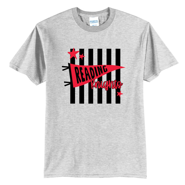 Example: ash grey tee with black stripes, stars, and a red pennant
