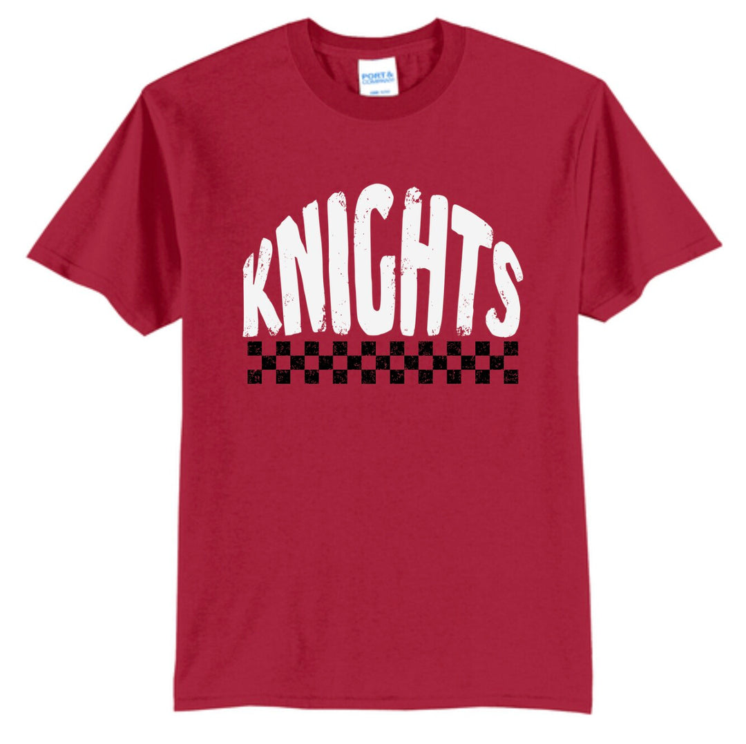 Reading Red Knights checkered retro spirit tee in cardinal red with white distressed KNIGHTS print and black checkered stripe