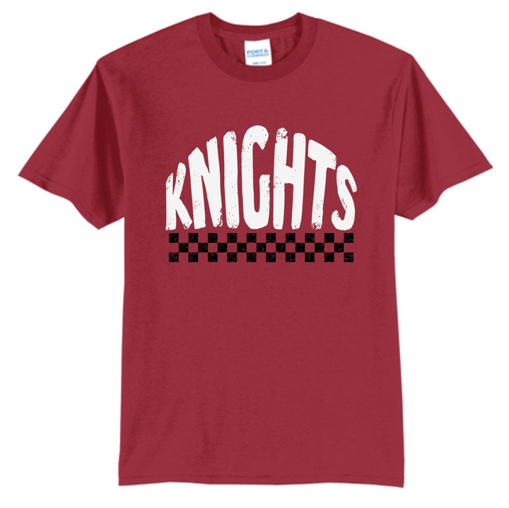 Reading Red Knights checkered retro spirit tee in cardinal red with white distressed KNIGHTS print and black checkered stripe