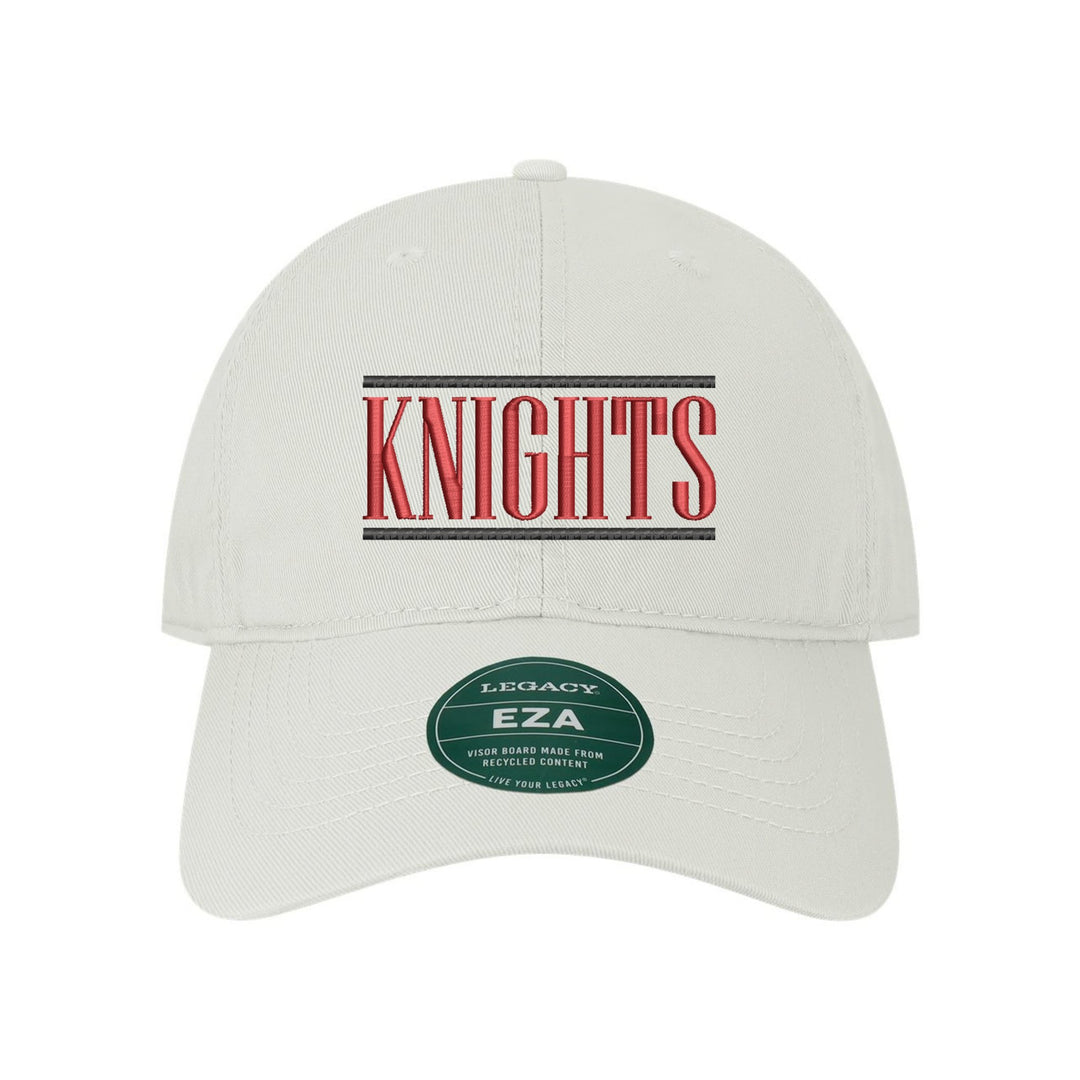 Reading Red Knights Varsity Bars embroidered dad cap, black and red stitching on a white cap