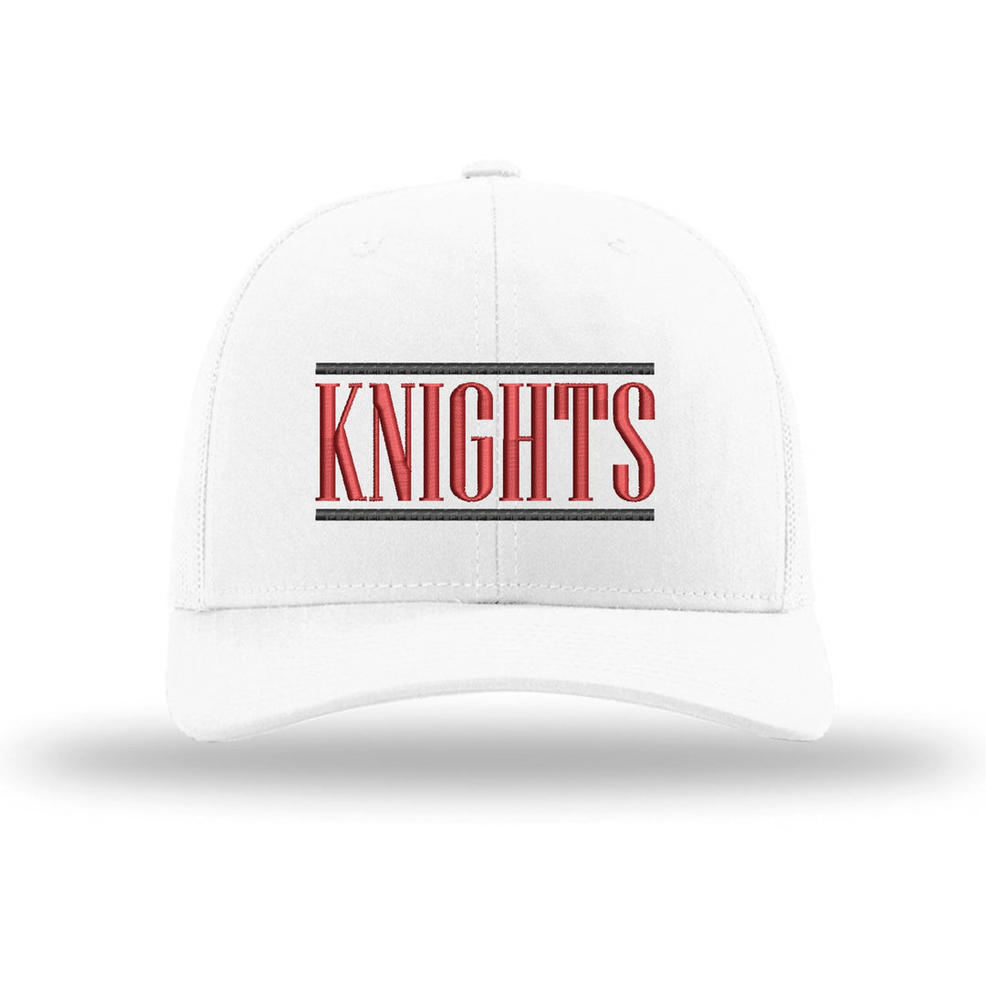 Reading Red Knights Varsity Bars embroidered trucker hat, black and red stitching on a white hat