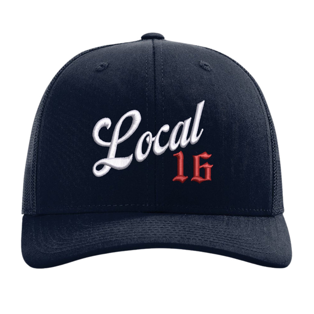 Navy Richardson 112 trucker cap with Local union number embroidered in white script and red Old English on the front