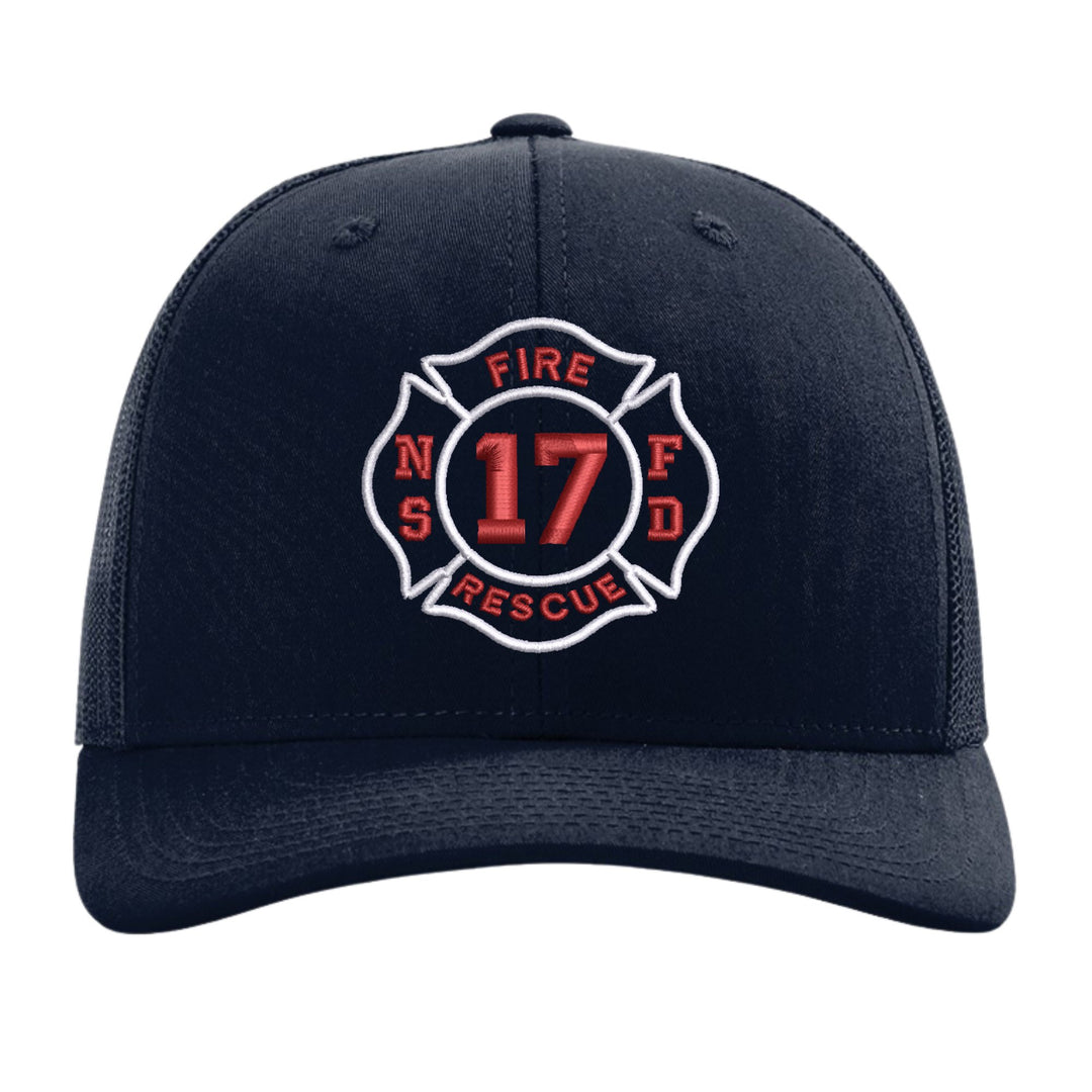 Navy Richardson 112 trucker cap with a fire department Maltese cross badge embroidered on the front, department initials and company number in red and white