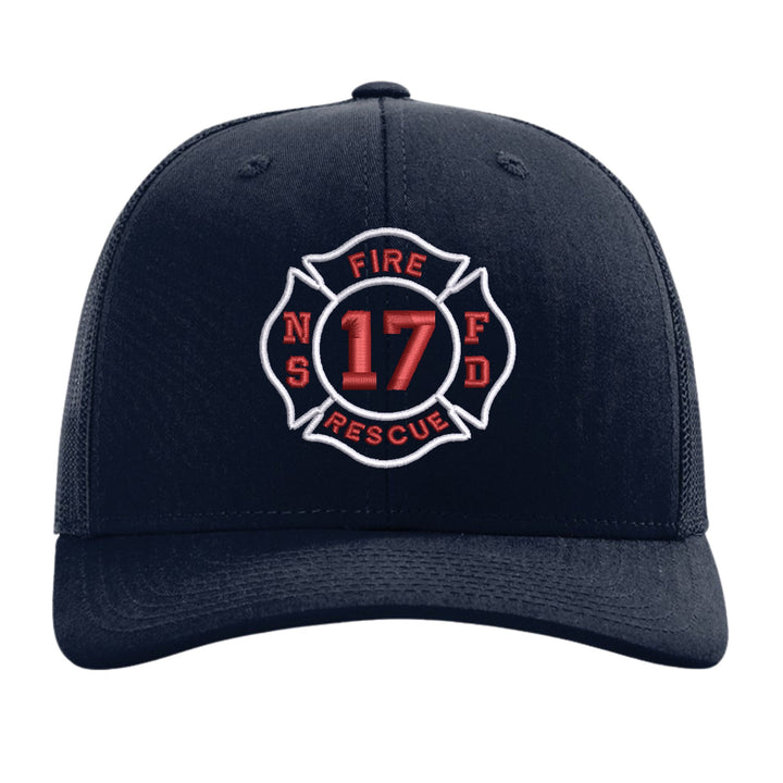 Navy Richardson 112 trucker cap with a fire department Maltese cross badge embroidered on the front, department initials and company number in red and white