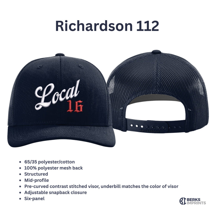 Richardson 112 trucker cap details — 65/35 poly-cotton front, polyester mesh back, structured mid-profile six-panel, adjustable snapback