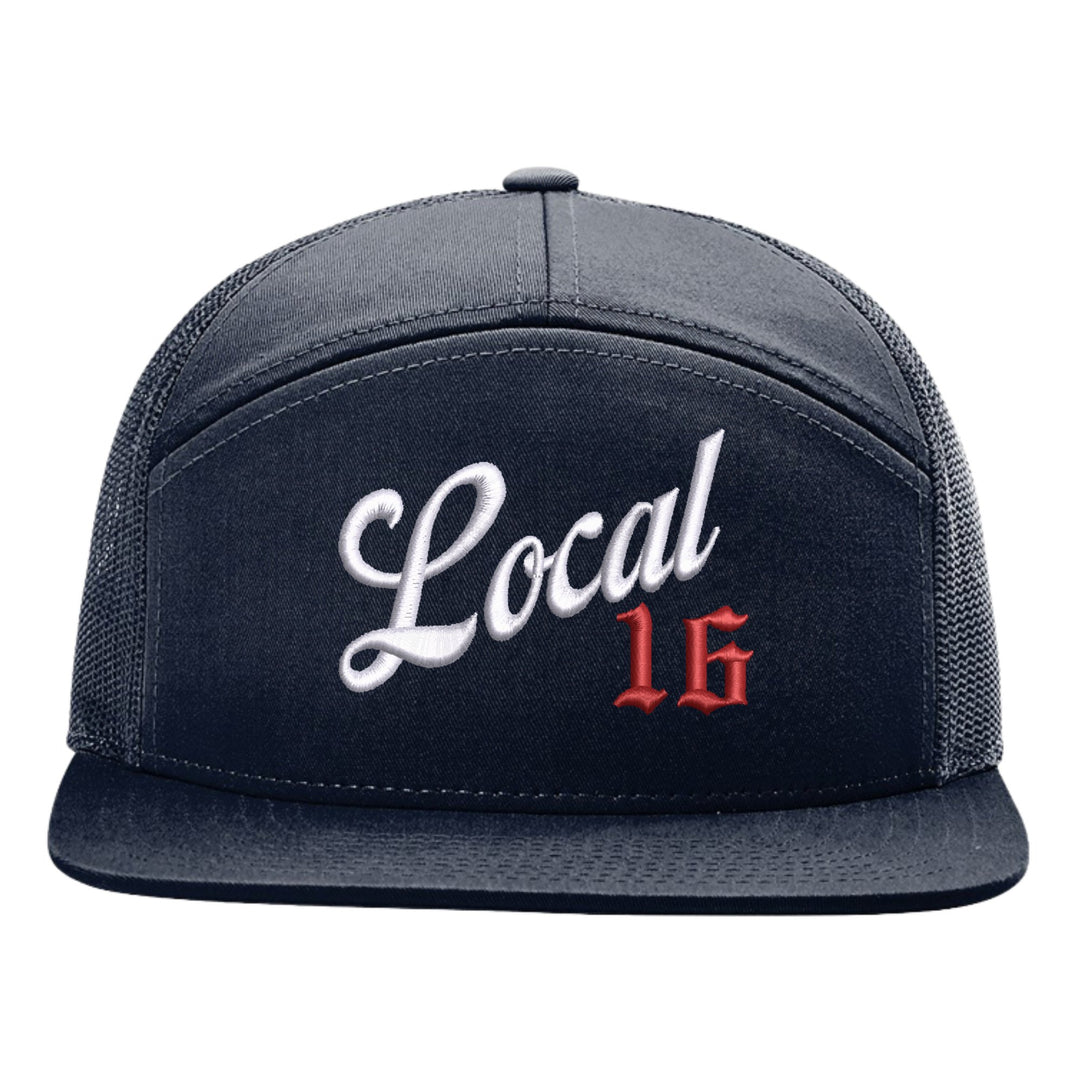 Navy Richardson 168 seven-panel trucker cap with Local union number embroidered in white script and red Old English on the front