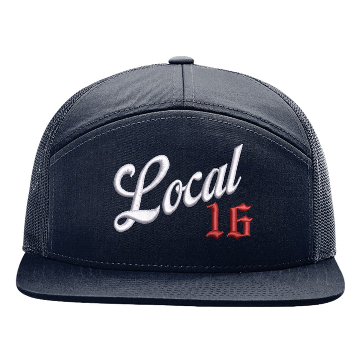 Navy Richardson 168 seven-panel trucker cap with Local union number embroidered in white script and red Old English on the front