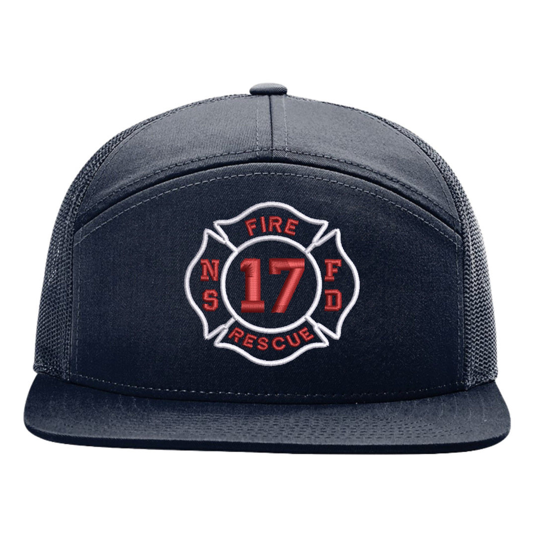 Navy Richardson 168 seven-panel trucker cap with a fire department Maltese cross badge embroidered on the front, department initials and company number in red and white