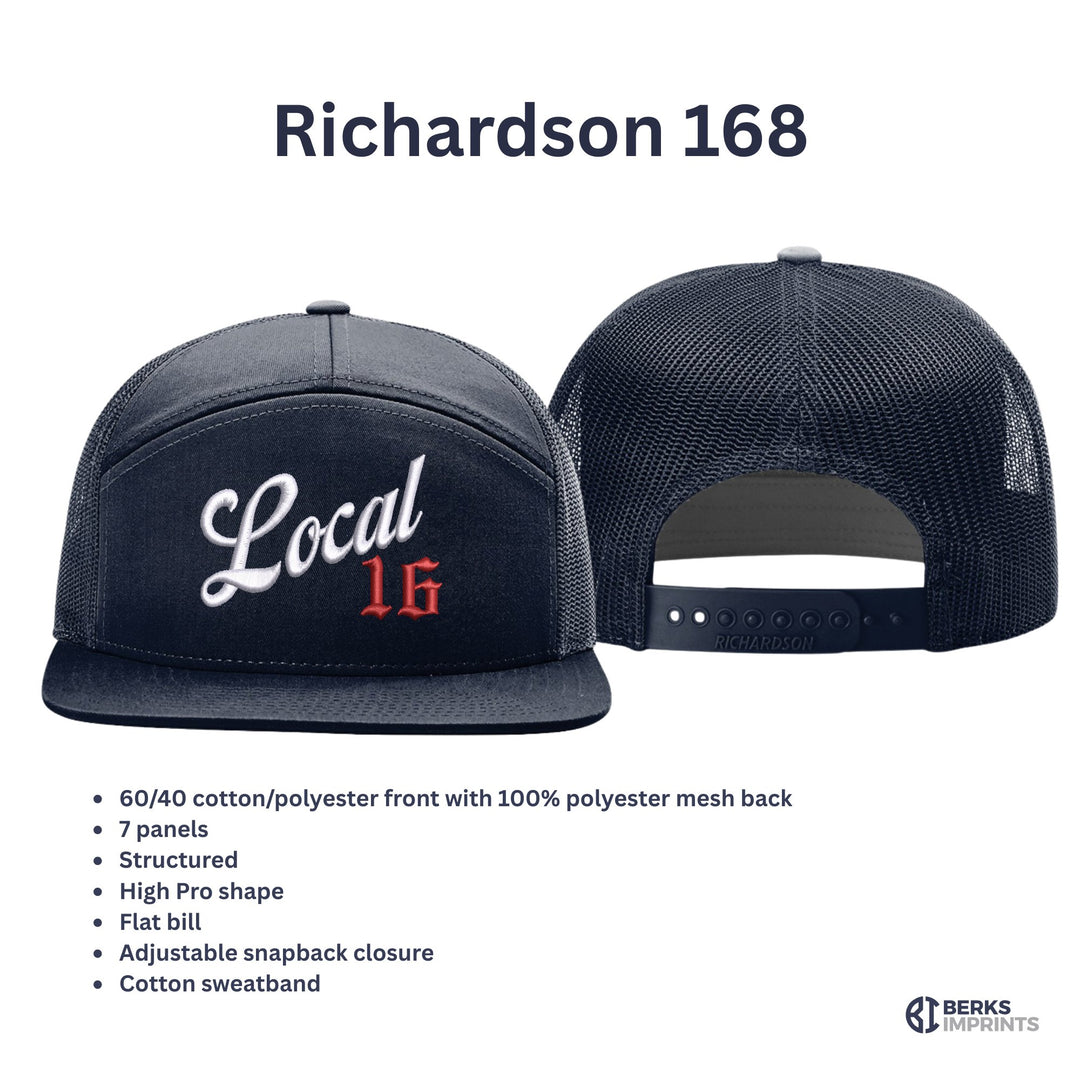 Richardson 168 cap details — 60/40 cotton-poly front, polyester mesh back, seven panels, high-profile flat bill, snapback