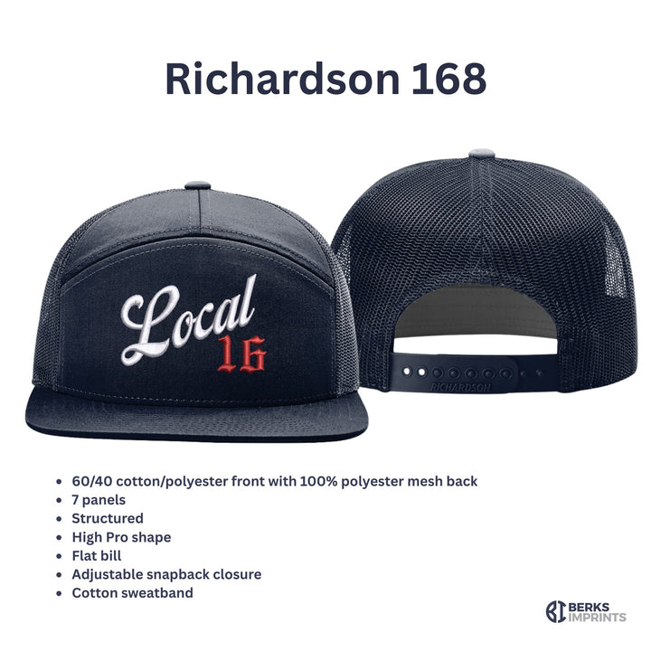 Richardson 168 cap details — 60/40 cotton-poly front, polyester mesh back, seven panels, high-profile flat bill, snapback