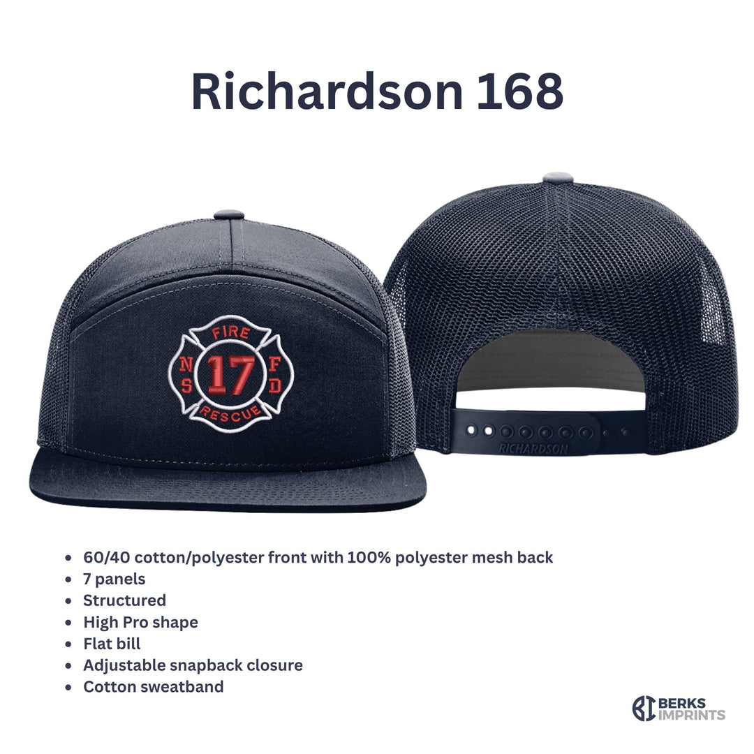 Richardson 168 cap details — 60/40 cotton-poly front, polyester mesh back, seven panels, high-profile flat bill, snapback