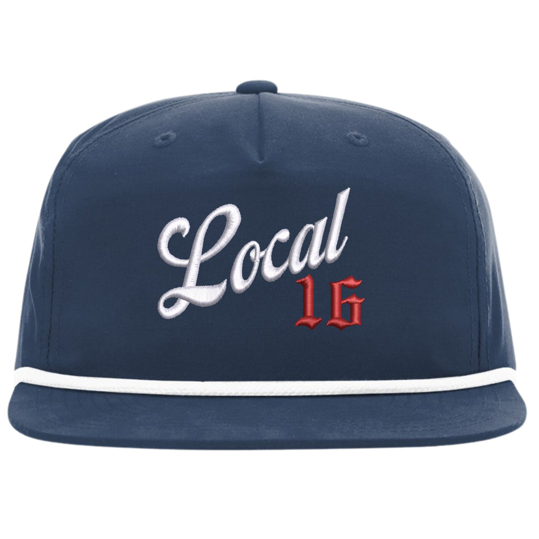 Navy Richardson 256 rope cap with Local union number embroidered in white script and red Old English on the front