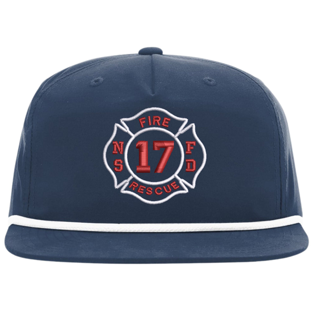 Navy Richardson 256 rope cap with a fire department Maltese cross badge embroidered on the front, department initials and company number in red and white