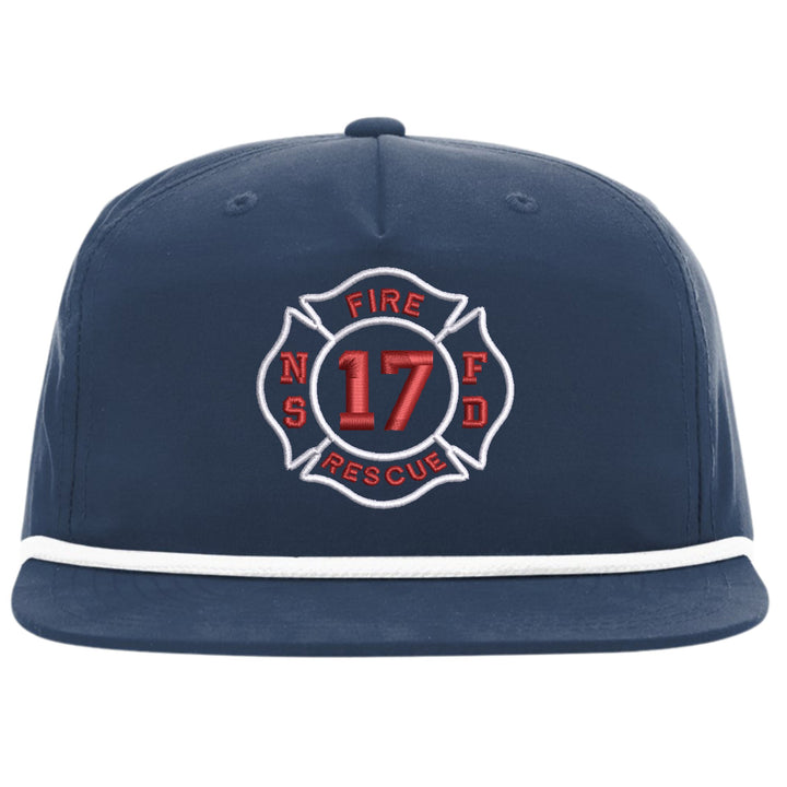 Navy Richardson 256 rope cap with a fire department Maltese cross badge embroidered on the front, department initials and company number in red and white
