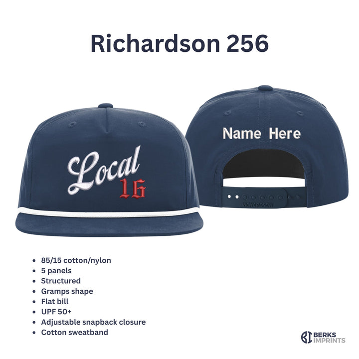 Richardson 256 rope cap details — 85/15 cotton-nylon, five-panel Gramps shape, flat bill, UPF 50+, adjustable snapback, with back name option