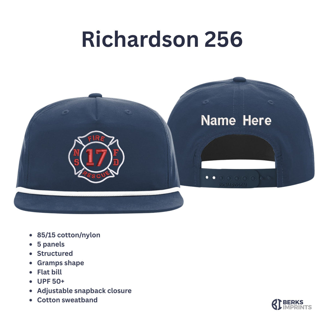 Richardson 256 rope cap details — 85/15 cotton-nylon, five-panel Gramps shape, flat bill, UPF 50+, adjustable snapback, with back name option