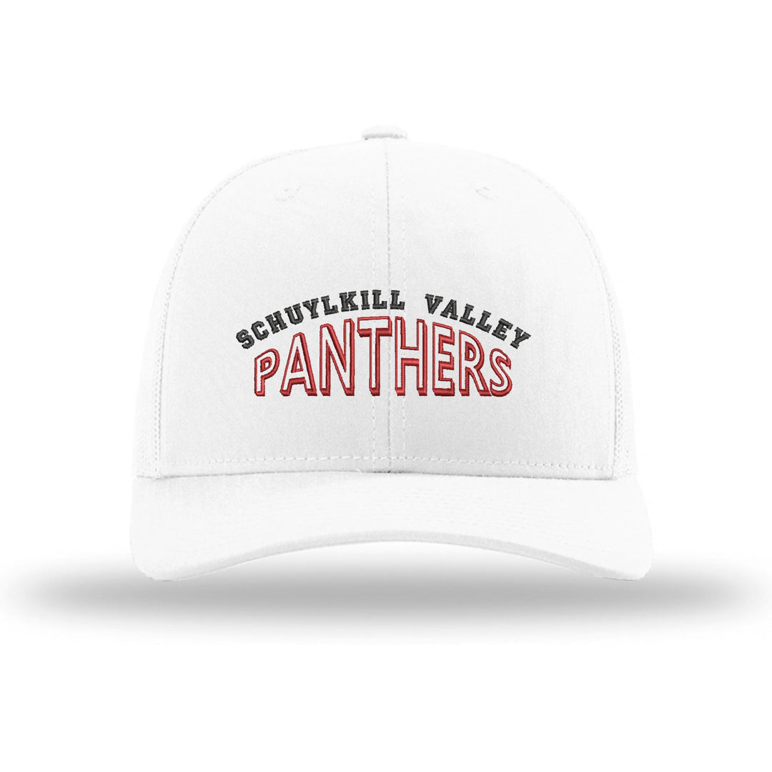 Schuylkill Valley Panthers Classic Arch embroidered trucker hat, black and red stitching on a white hat