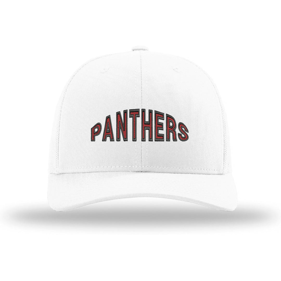 Schuylkill Valley Panthers Mascot Arch embroidered trucker hat, black and red stitching on a white hat