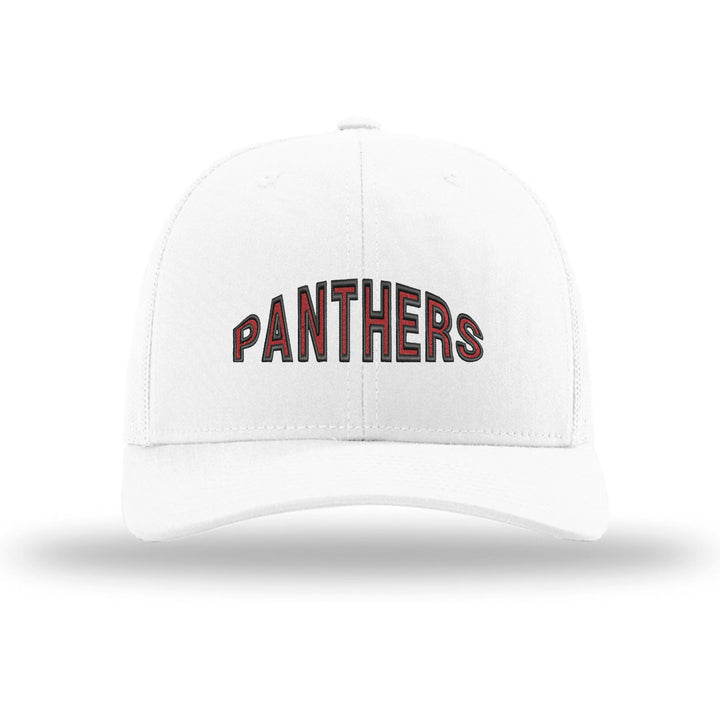 Schuylkill Valley Panthers Mascot Arch embroidered trucker hat, black and red stitching on a white hat