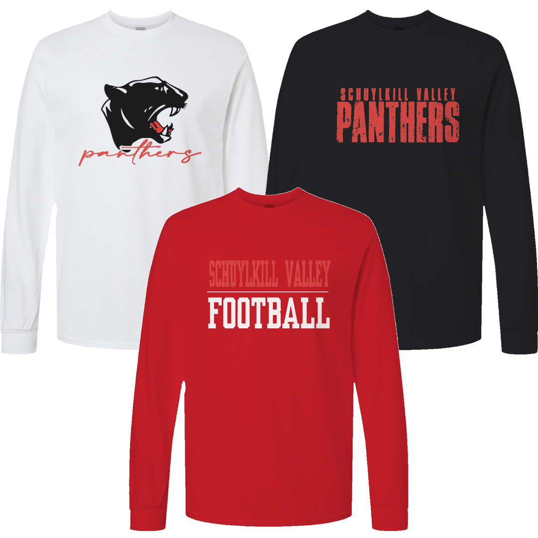 Schuylkill Valley Panthers long sleeve tees in white, red and black showing three of the fifteen designs