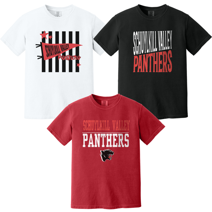 Schuylkill Valley Panthers Comfort Colors tees in white, red and black showing three of the fifteen designs