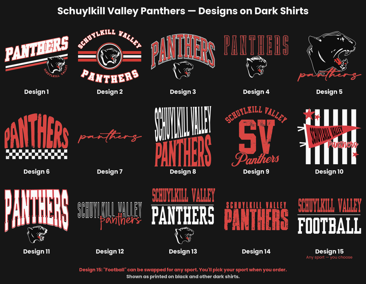 Schuylkill Valley Panthers design chart, all fifteen designs as printed on dark shirts
