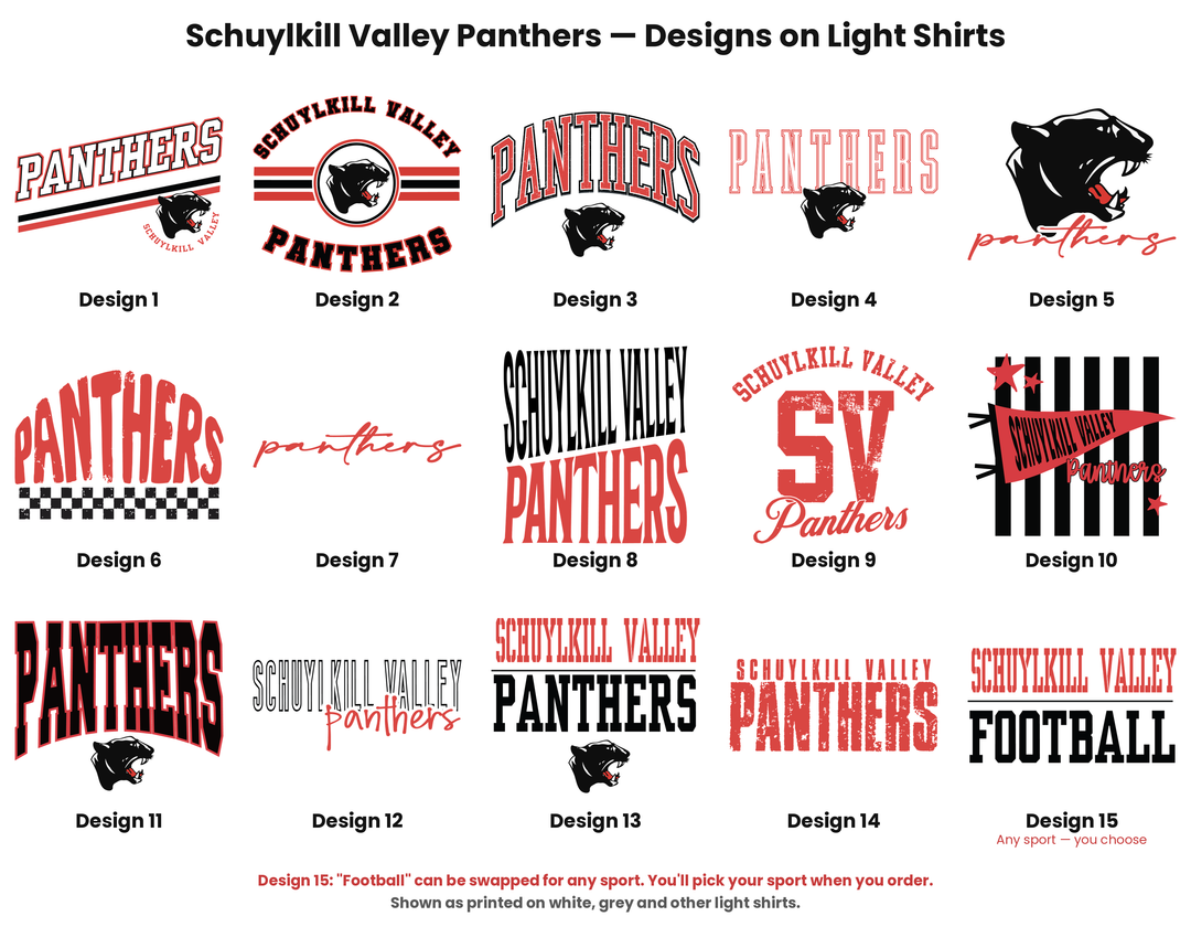 Schuylkill Valley Panthers design chart, all fifteen designs as printed on light shirts