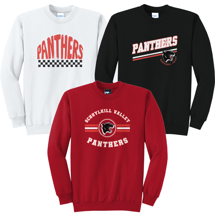 Schuylkill Valley Panthers crewneck sweatshirts in white, red and black showing three of the fifteen designs