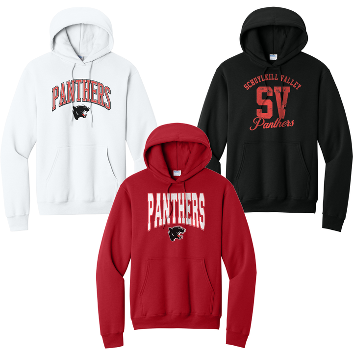 Schuylkill Valley Panthers hoodies in white, red and black showing three of the fifteen designs