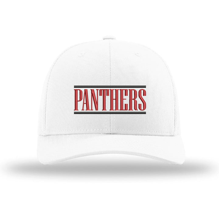 Schuylkill Valley Panthers Varsity Bars embroidered trucker hat, black and red stitching on a white hat