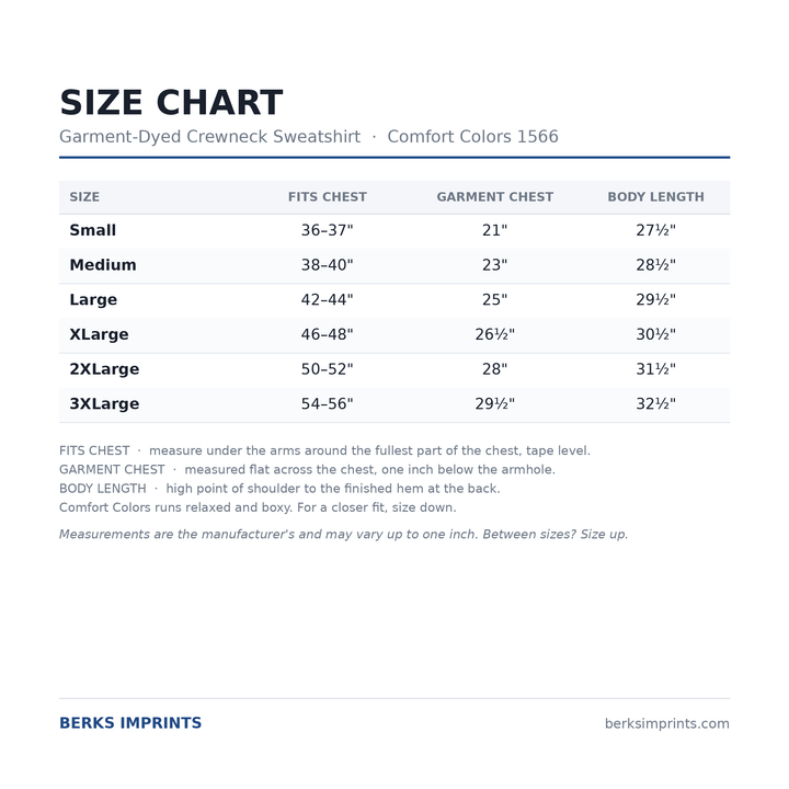 Size chart for the Comfort Colors 1566 unisex garment-dyed crewneck sweatshirt, Small through 3XLarge, with chest and body length measurements