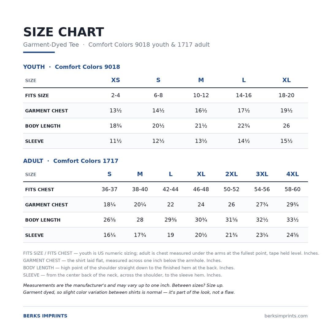 Size chart for the Comfort Colors garment-dyed tee, youth 9018 XSmall through XLarge and adult 1717 Small through 4XLarge, with fits, garment chest, body length and sleeve measurements